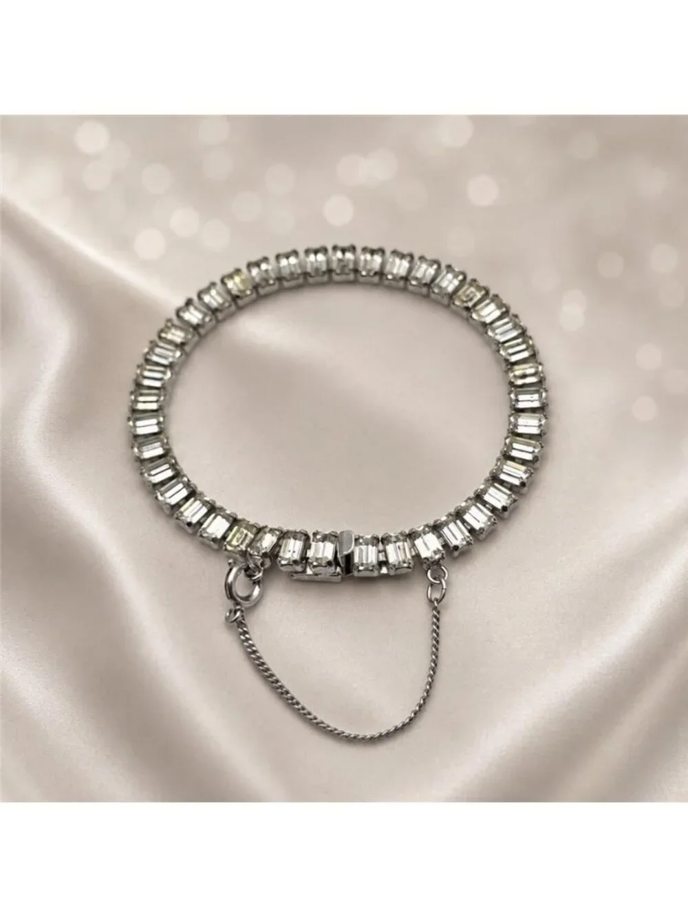 B. David Clear Baguette Rhinestone Tennis Bracelet Silver Tone 6.5in Vintage
